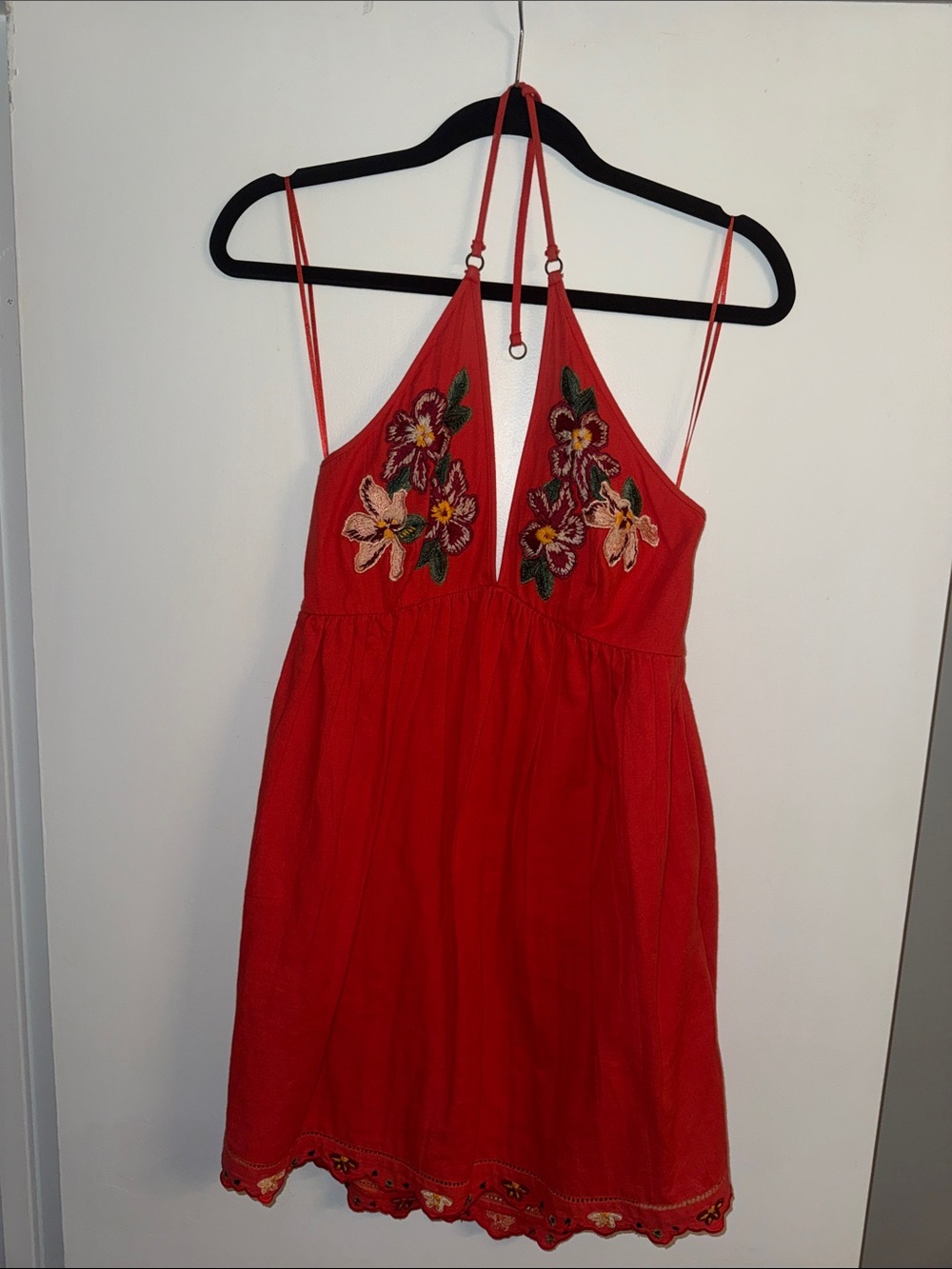 Free People- Red Embroidered Spaghetti Strap Summer Dress